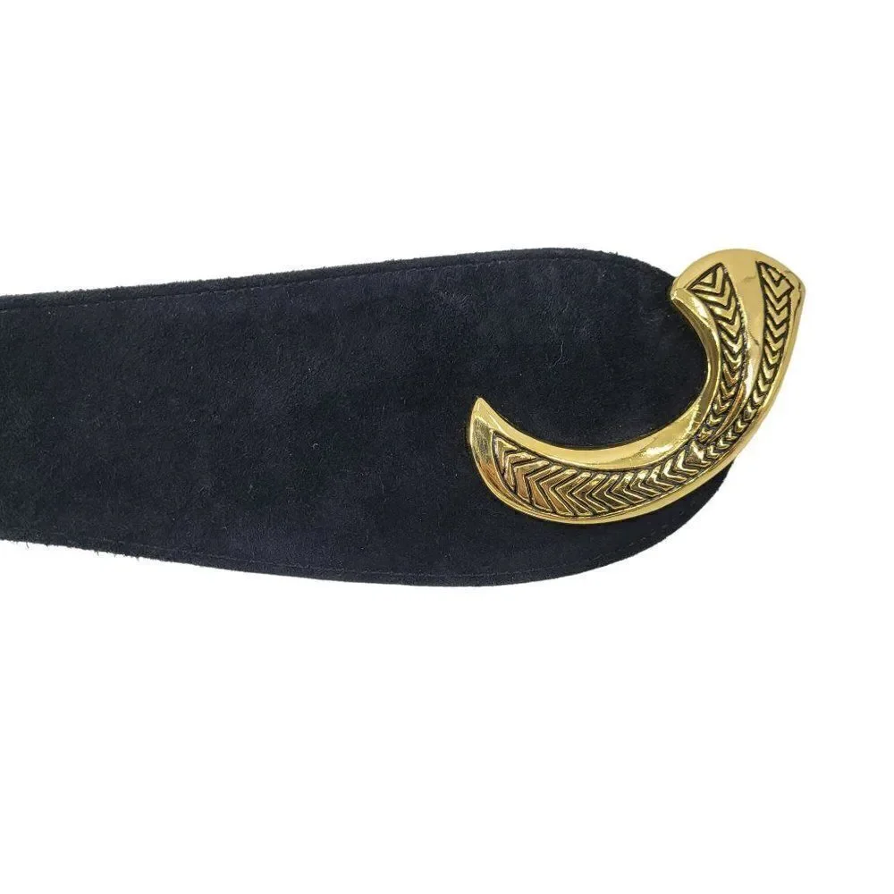 Vintage 80's Wide V Belt Black‎ Suede Ornate Gold Etched Hook Buckle Art to Wear